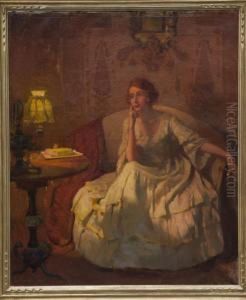 "interno Con Gentildonna Assisa A Fianco Di Un Tavolino " by Ennio Morelli