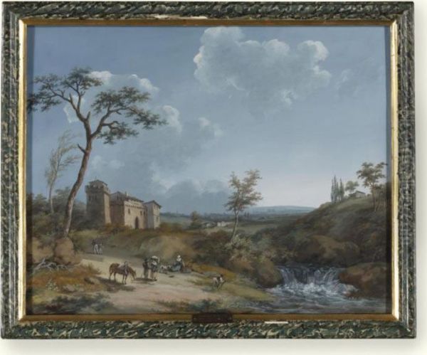 Italianate Landscape With Peasants By A Waterfall - view 1