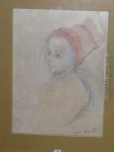Portrait De Fillette Au Chapeau Rouge by K. Moretti