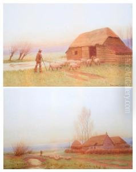 Shepherd And Flock Returning To The Fold, Together With Another Similar In A Country Landscape - view 1