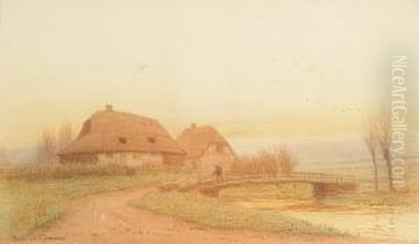 A Shepherd Crossing A Bridge With His Flock, Cottages Beyond - view 1