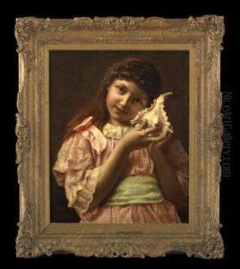 Portrait Of A Girl In A Pink Dress, 
Holding A Seashell