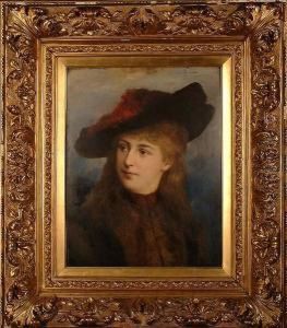 Portrait Of A Young Woman, Bust Length, Wearing A Hat With A Red Feather. by Joseph Morgan
