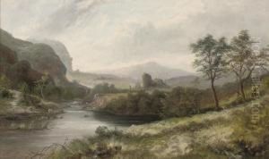 A River Landscape With A Ruin In The Distance by William Morgan