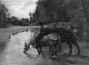 "cavalli All'abbeverata" 1922 by Paolo Emilio, Morgari Jnr.