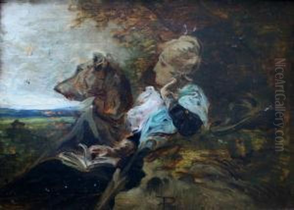 Sketch Of A Lady With A Dog In A Landscape ; Study Of A Hound Signed And Dated 84 - view 1