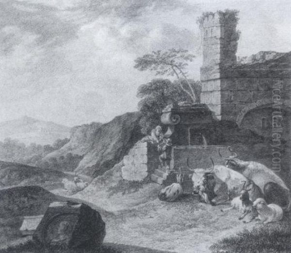 Sudliche Landschaft Mit Einer Ruine Und Einem Brunnen - view 1