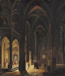 The Interior Of A Gothic Cathedral By Torch- And Candlelight