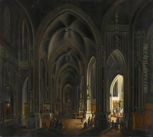 A Church Interior With Figures Before A Candlelit Chapel