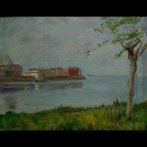 Evening Lake Scene With Buildings by Goth Moricz