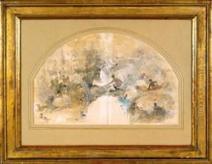 Projet D'eventail Avec Des Scenes De Parties De Campagne Et De Vie De Chateau by Edmond Morin