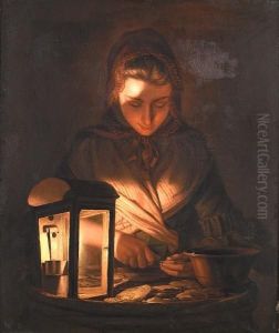 A Young Woman Shucking Oysters Bylamplight by Henry Robert Morland