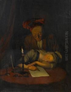 A Young Woman Asleep At Her Desk, An Elderly Man Looking On by Henry Robert Morland