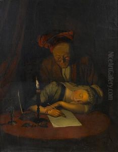 A Young Woman Asleep At Her Desk, An Elderlyman Looking On by Henry Robert Morland