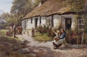 Young Woman And Child Seated Before A Thatched Cottage, With Musician Playing To A Group Of Children And A Dog, 1885 by James Smith Morland