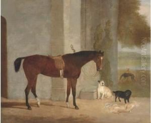 A Dark Brown Horse Tethered To An Arch With Dogs In Alandscape by George Morley