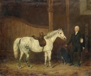 A Saddled Grey Hunter, With A Gentleman And A Dog In A Stable A Saddled Grey Hunter, With A Gentleman And A Dog In A Stable