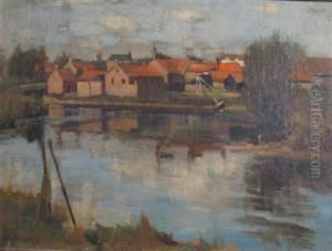 Houses Along A Canal by Henry Morley