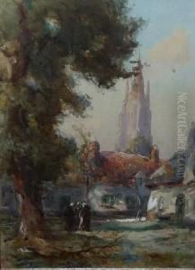 Figures Before A Cottage And A Church by Thomas William Morley