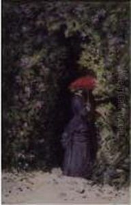Jeune Femme A L'ombrelle Dans Un Jardin.