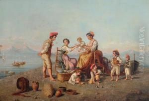Famigliola Di Pescatori Sullo Sfondo Del Vesuvio