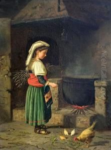 Junges Madchen, Huhner Futternd