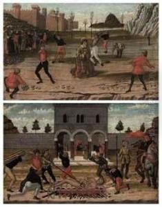The Stoning Of Saint Stephen; And The Martyrdom Of Saint Lawrence -panels From A Predella by Domenico Morone