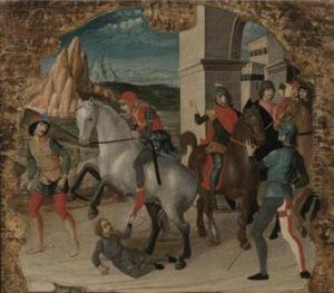 A Man On A Rearing Horse Above A Child In The Road, With Other Figures Looking On by Domenico Morone