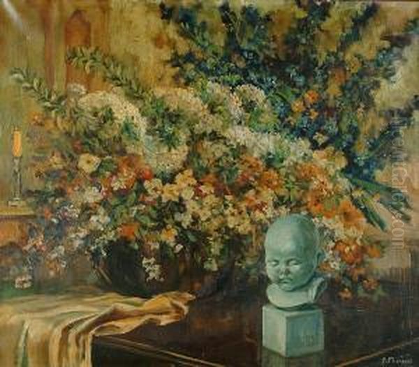 Vase Of Flowers With Statue - view 1