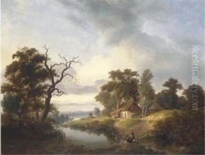 Washerwomen By A River With A Cottage Beyond