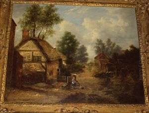 A Village Lane With Girl Feeding Hens by Charles Morris