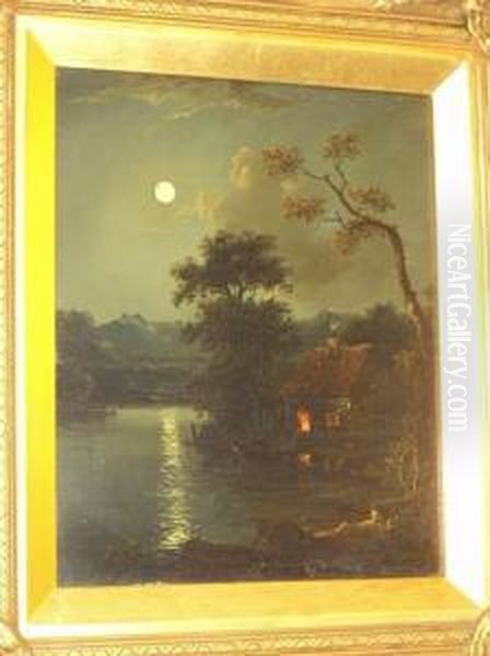Moonlit River Scene With Cottage On The Riverbank, Together With Another, Coastal Scene With Fisherfolk Atsunset, A Pair - view 1