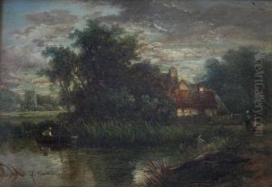Figure In A Punt Near Cottages, Two Figures On A Path Nearby