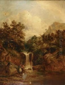 Angler Beside A Waterfall by William Bright Morris