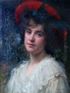Portrait Of A Girl Wearing A Red Hat by Robert Edward Morrison