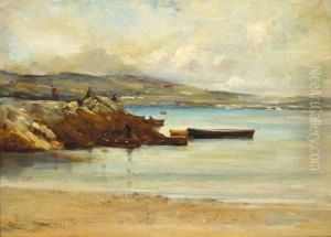 Coastal Scene With Boats And Onlookers by Robert Edward Morrison