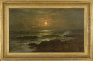 Sunset Seascape With Rocky Shore And Distant Boats by Jonathan Bradley Morse