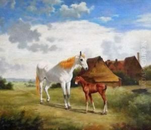 Mare And Foal In A Landscape by Jan Mortel