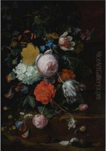 Peonies, Tulips, Roses And Other Flowers On A Ledge With Two Butterflies, A Beetle, A Snail, And A Spider by Jan Mortel