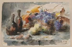 Stilleven Met Groentenmand, Flessen En Uien Op Tafel by Frans Mortelmans