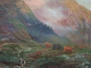 Cattle In A Highland Landscape by Alex Mortimer