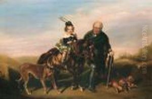 A Scottish Girl On A Shetland Pony Accompanied By Her Dogs And Anelderly Gentleman