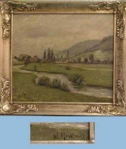 Bachlauf Im Hintergrund Dorf Vor Hugeliger Landschaft by Carl Wilhelm Mosblech