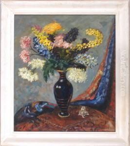 Bunter Blumenstraus In Dunkler Balustervase Auf Einer Draperie Vor Neutralem Hintergrund by Carl Wilhelm Mosblech