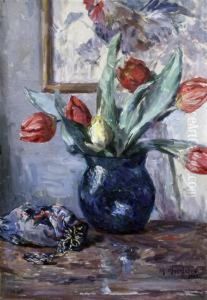 Still Life Of Tulips In A Vase by Margaret Moscheles