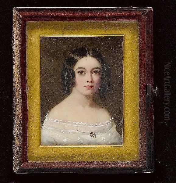 A Young Lady, Wearing A White Dress With Lace Trim And Flowers At Her Corsage, Her Hair In Ringlets. - view 1