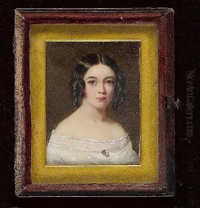 A Young Lady, Wearing A White Dress With Lace Trim And Flowers At Her Corsage, Her Hair In Ringlets.