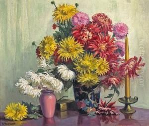 A Bouquet Of Chrysanthemums In A Blue Vase