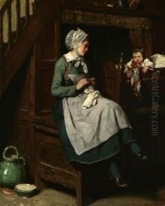 Woman Knitting Near by Henry Mosler