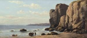Felsige Meereskuste Mit Boot Und Zwei Fischern by Henry Mosny